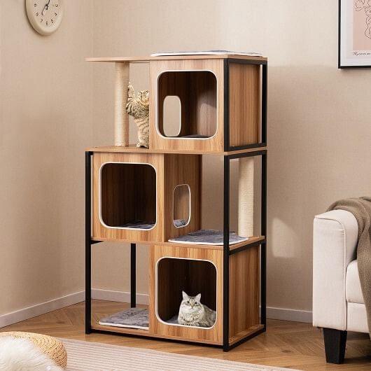 Árbol Casa Moderno para Gato con Marco de Metal y Postes Rascadores - Natural