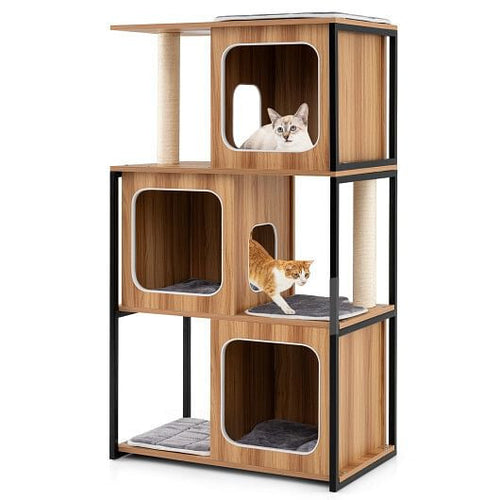 Árbol Casa Moderno para Gato con Marco de Metal y Postes Rascadores - Natural
