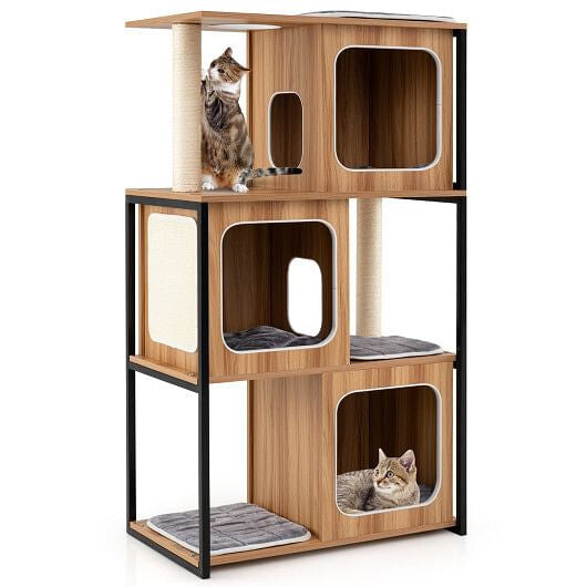 Árbol Casa Moderno para Gato con Marco de Metal y Postes Rascadores - Natural