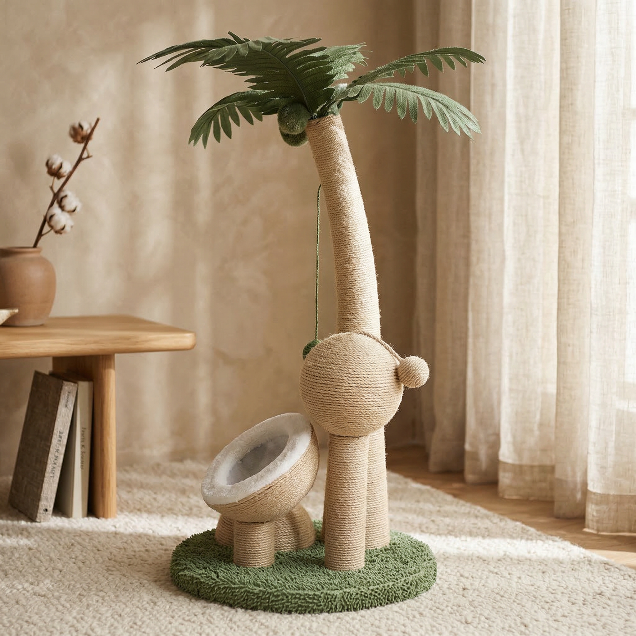 Poste Rascador para Gato en Forma de Árbol de Coco con Juguete de Pelota