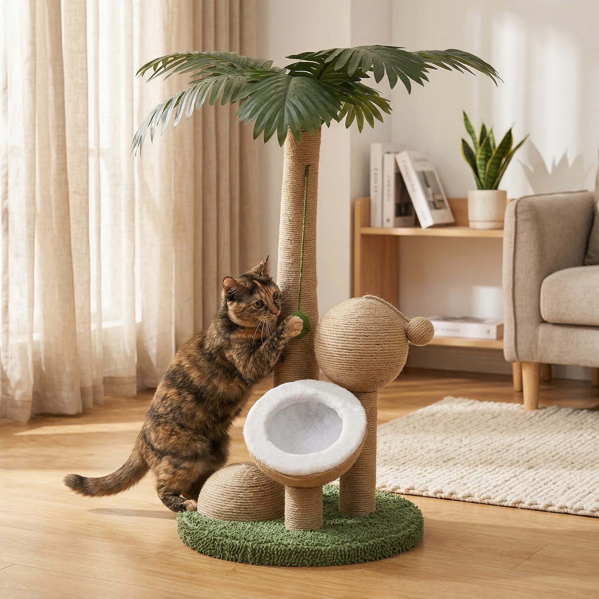 Poste Rascador para Gato en Forma de Árbol de Coco con Juguete de Pelota