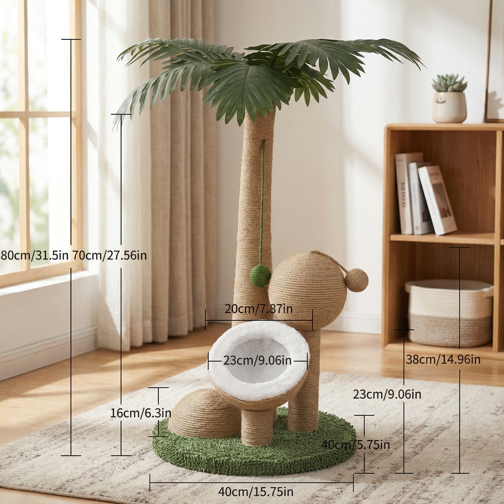 Poste Rascador para Gato en Forma de Árbol de Coco con Juguete de Pelota