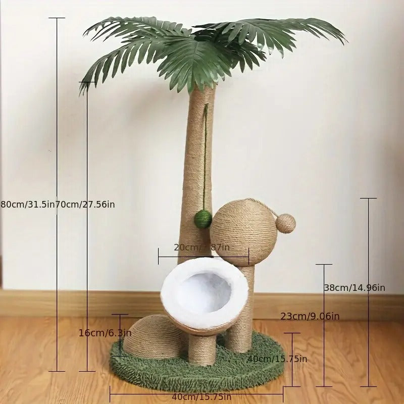 Poste Rascador para Gato en Forma de Árbol de Coco con Juguete de Pelota