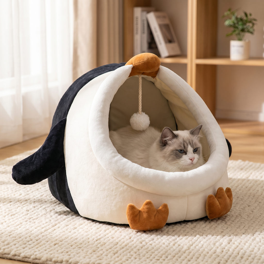 Cama Cerrada para Gato en Forma de Pingüino