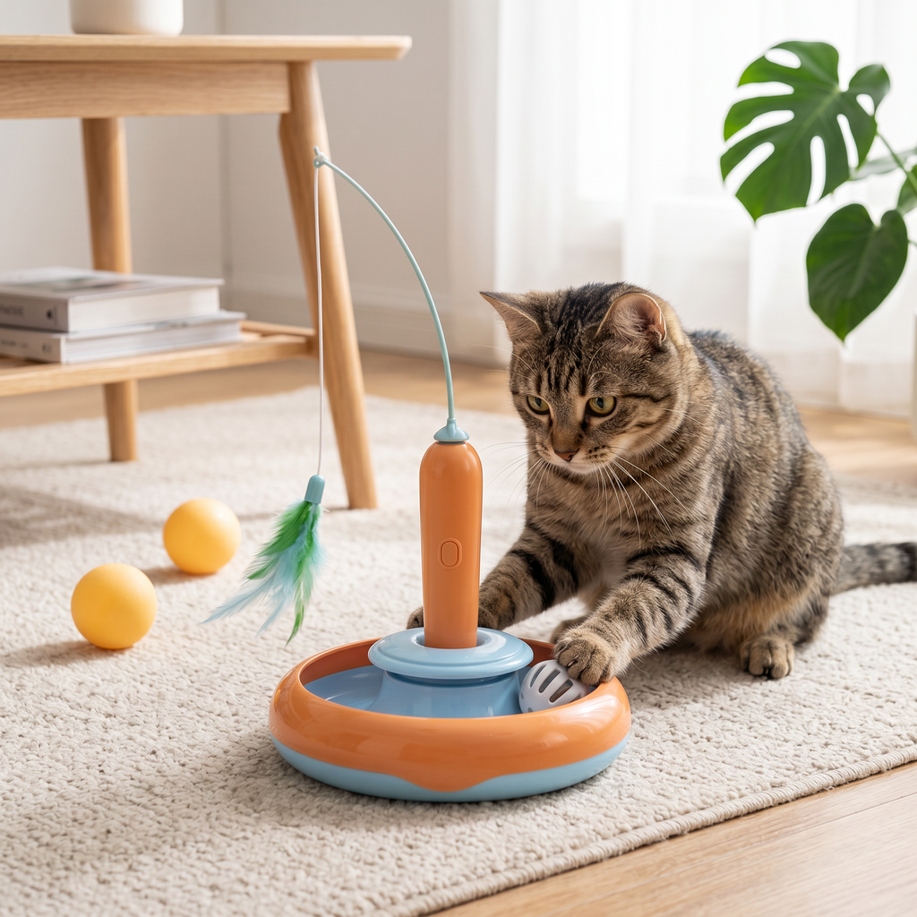 Juguete 2 en 1 para Gato - Tornamesa Giratoria y Pluma Removible
